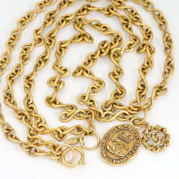 CHANEL CC Logos Coin Charm Double Chain Long Necklace 31" Gold Tone Auth - Picture 1 of 5